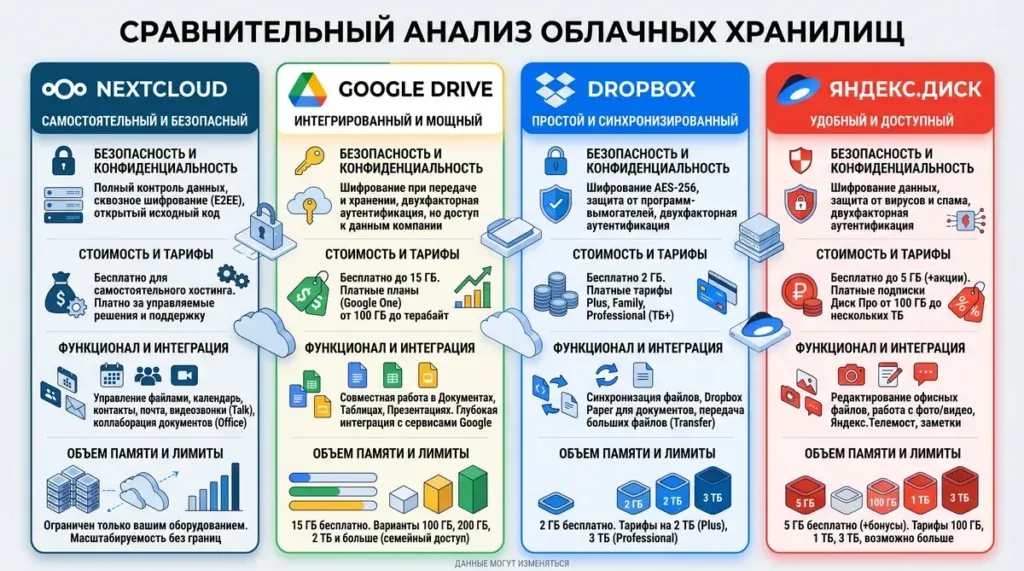 Честное сравнение NextCloud, Google Drive, Dropbox и Яндекс.Диск